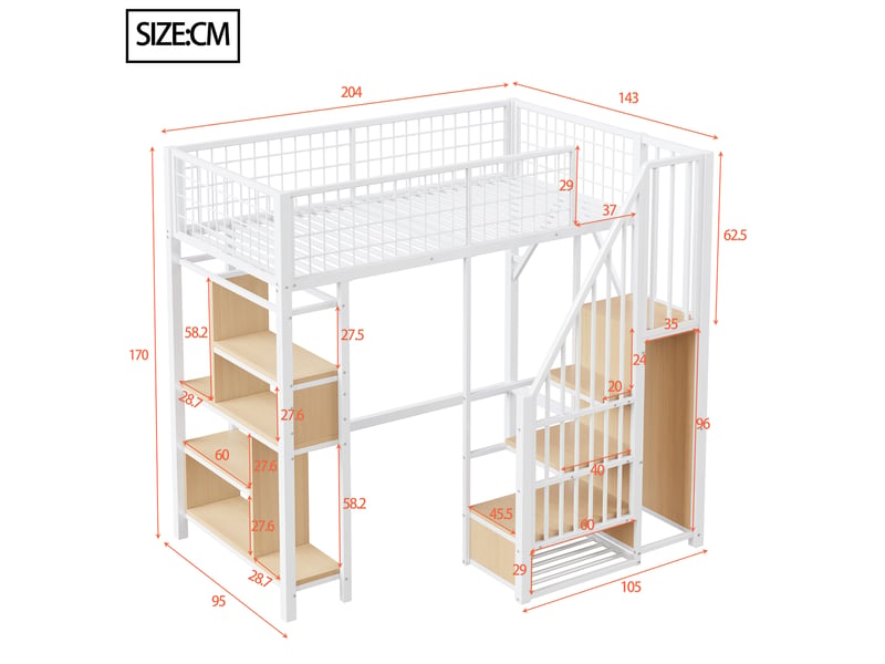  Lit mezzanine 90 x 200 cm, escalier, étagères de rangement, espace libre sous le lit, sommier à lattes, pour la chambre, métal et bois, blanc ABC - Conforama C