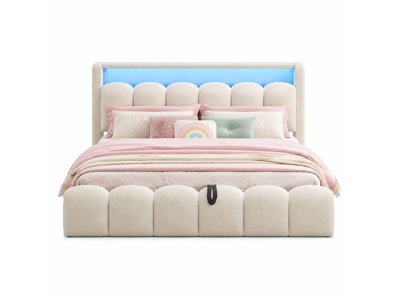  Lit coffre 180 x 200 cm beige en velours avec led, rangements et ports usbtype-c  - Conforama A
