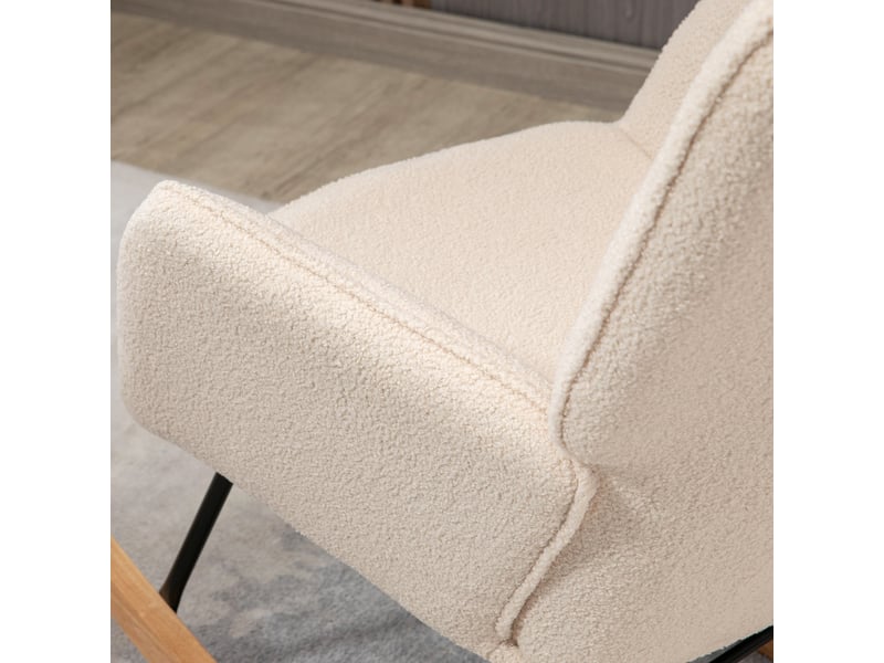  Fauteuil à bascule beige en tissu bouclette avec base en bois de hêtre 71x98x101 cm  - Conforama D