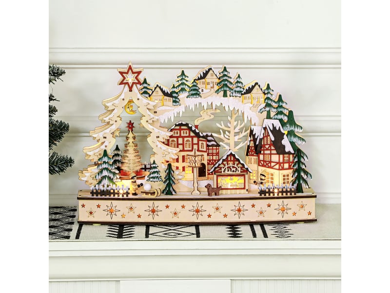 Village de noël lumineux, village de noël animé en bois, avec 20 led, 45l x 12l x 30h cm, paysage enneigé, bois naturel  - Conforama R