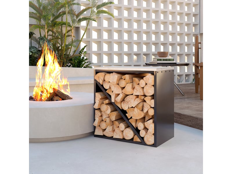  Porte-bûches intérieur 2 en 1, métal noir avec plateau en sapin, 58 x 36 x 60 cm  - Conforama C