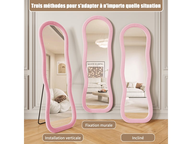  Miroir sur pied 160x50 cm rose,miroir décoratif ,ondulé irrégulier,grand miroir mural avec cadre en flanelle,verre trempé  - Conforama W