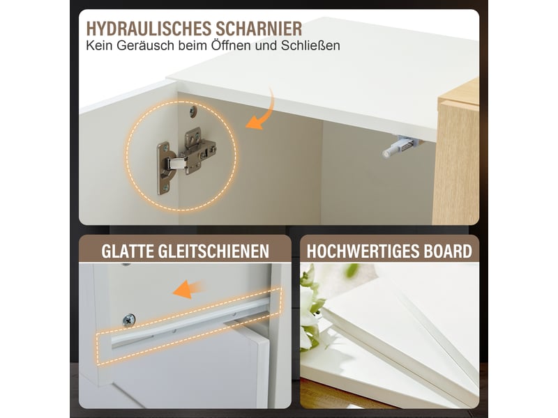 Buffet blanc laqué brillant 140x35x76,5 cm, meuble rangement moderne avec 4 tiroirs et 2 portes, mdf - Conforama D