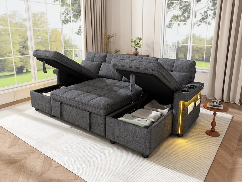  Canapé d'angle en u convertible,4 places,avec  2 méridiennes de rangement, éclairage led, port usbtype-c,268,5 × 141,5 × 90 cm,gris  - Conforama B