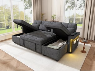 Canapé droit convertible <strong>BGSRYAO</strong> <strong></strong> 4 places Tissu gris avec coffre de rangement