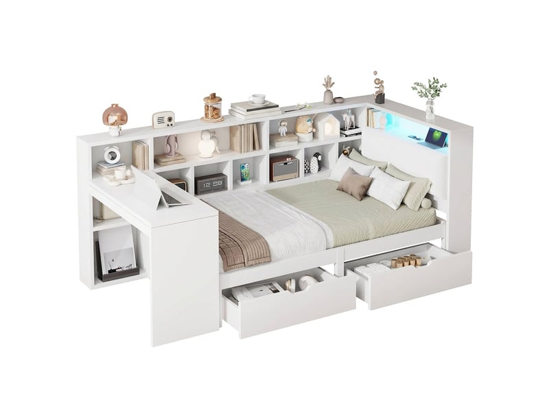 Lit d'angle 90x200 lit avec bureau et bibliothèque avec tiroirs blanc - Conforama A