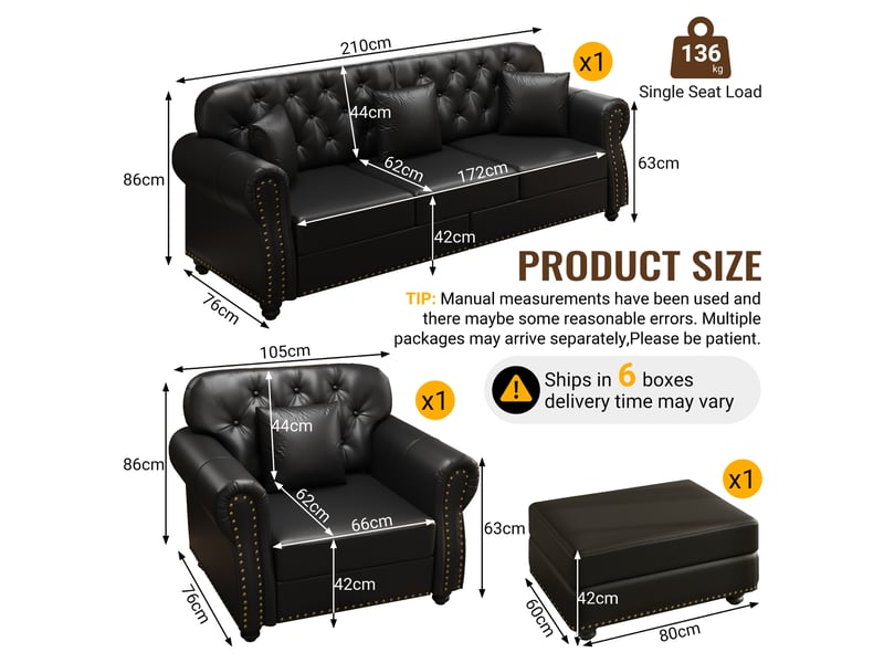  Salon chesterfield 4 places avec pouf en simili cuir noir, 210 cm Fay Lum - Conforama C