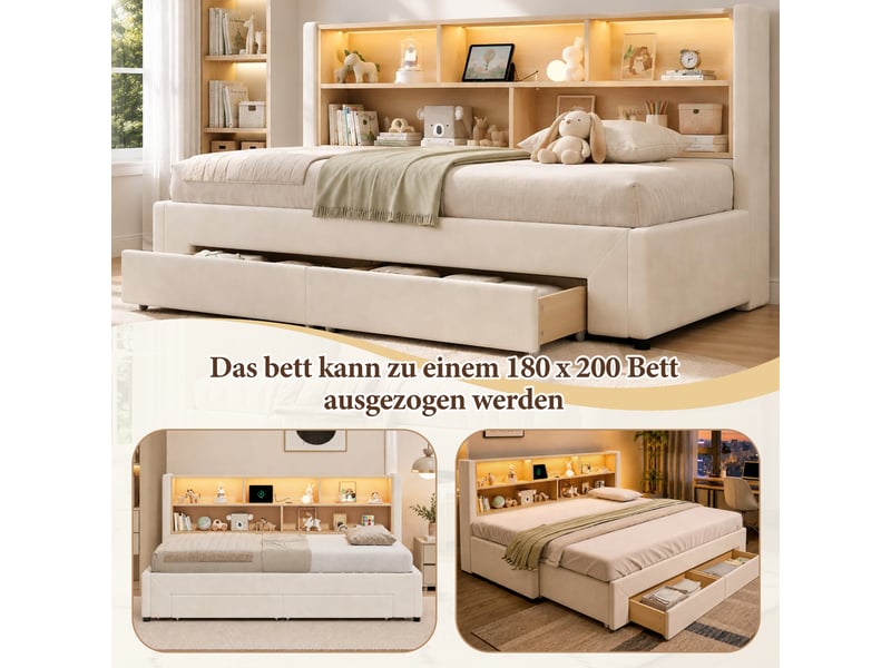 Lit gigogne banquette 90x200 cm extensible 180 cm en velours beige avec led, usb, 2 tiroirs et dossier rembourré Morn Vibe - Conforama D