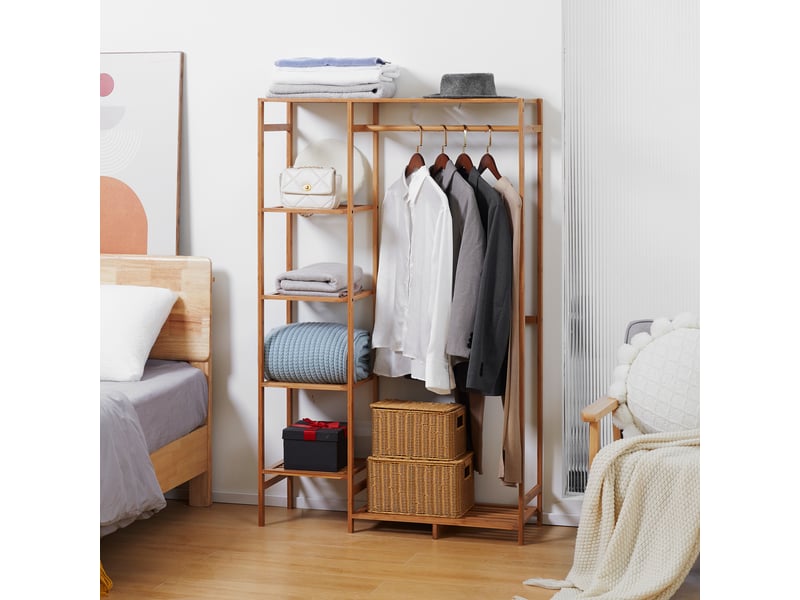 Portant à vêtements en bambou avec étagère de rangement à 6 niveaux et tringle de suspension, bois naturel, 90x30x145cm - Conforama A