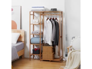 Portant à vêtements en bambou avec étagère de rangement à 6 niveaux et tringle de suspension, bois naturel, 90x30x145cm