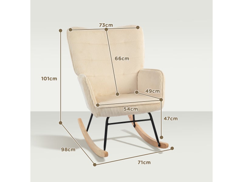  Fauteuil à bascule beige en tissu côtelé, accoudoirs et patins en bois, relax pour salon et chambre  - Conforama C