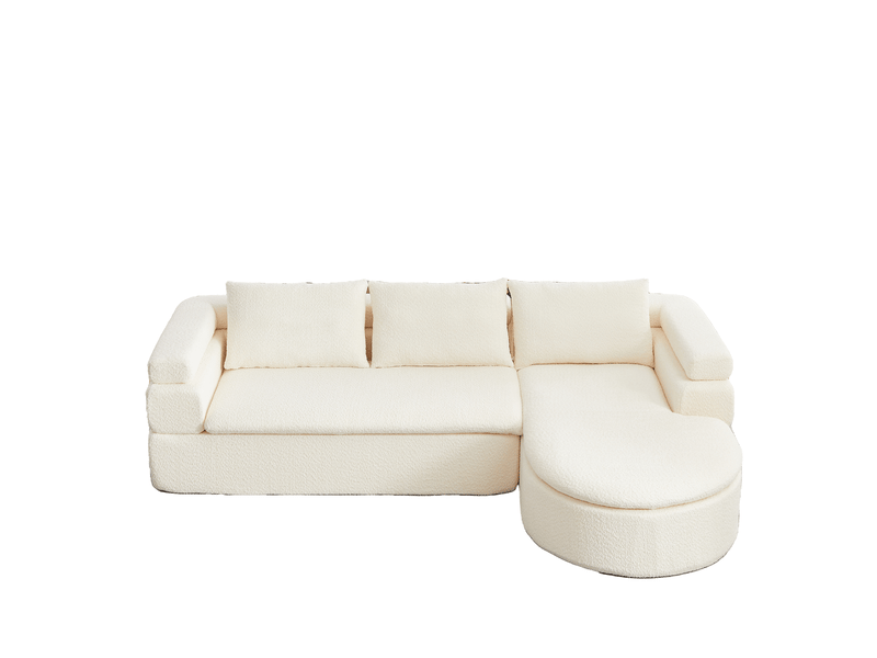  Canapé d'angle 3 places avec méridienne arrondie et coussins de dossier, en chenille beige crème, 260 × 170 × 65 cm  - Conforama A