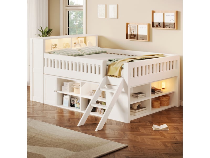  Lit mezzanine modenvie 140 x 200 cm avec rangement et led blanc en mdf et pin  - Conforama D