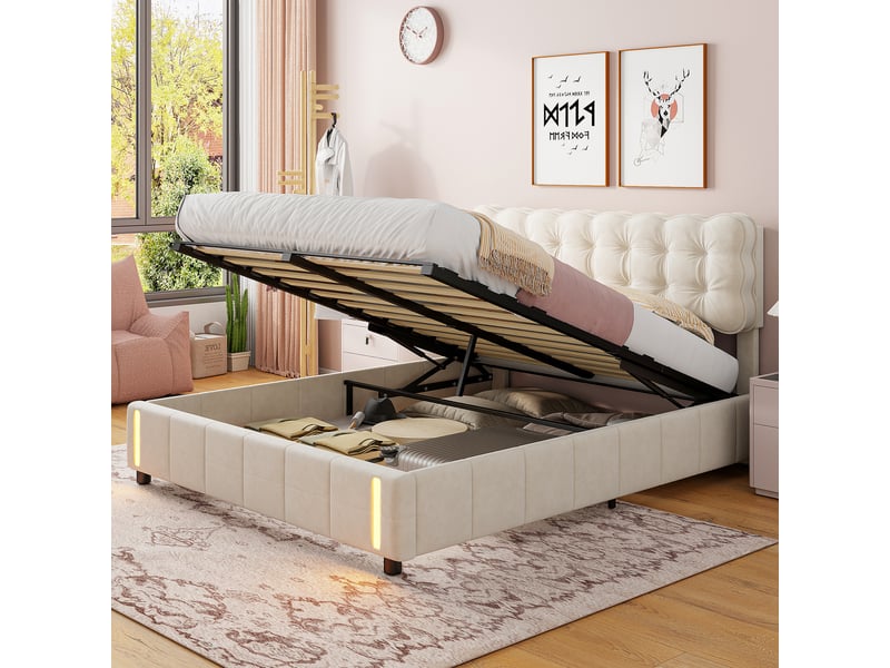  Lit de rangement hydraulique 160×200 cm, avec vérins de relevage hydraulique sous le lit, cadre de lit rembourré en velours, équipé d’un éclairage à détection de mouvement, couleur beige, matelas non … 240401HXF0101#ADHWHz3aYhFRHF - Conforama D