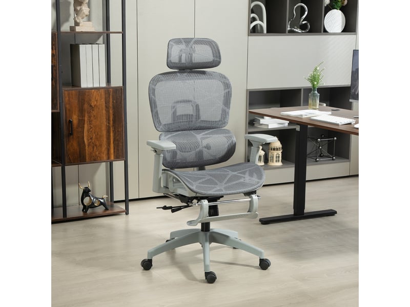 Chaise de bureau ergonomique avec revêtement en tissu mesh, réglable, mobile, avec accoudoirs et appui-tête, grise  - Conforama C