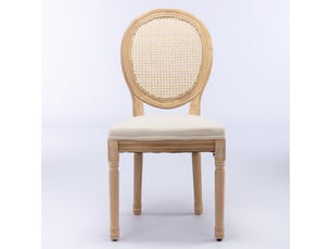 Lot de 2 chaises de salle à manger style français, tissu lin beige, dossier cannage, bois massif