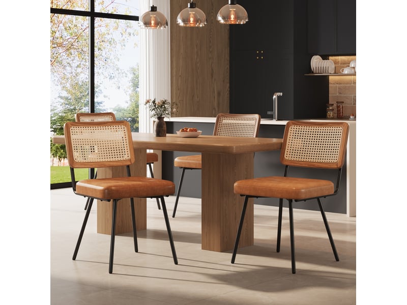  Lot de 4 chaises de salle à manger rétro marron en pu, rotin pe et métal  - Conforama B