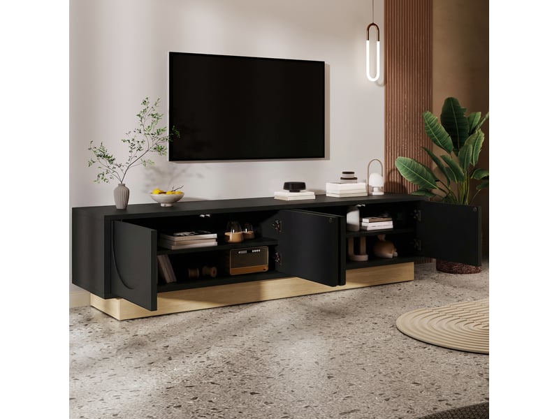  Meuble tv ulevr 175 cm avec rangement, 4 portes push-to-open et passe-câbles, mdf noir avec socle décor bois  - Conforama E