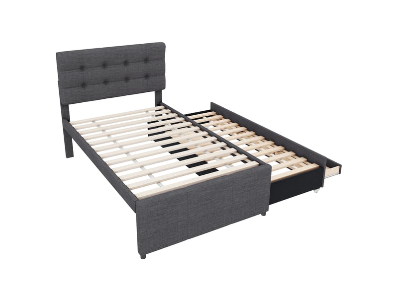  Lit simple 90x200 cm avec gigogne 90x190 cm et 3 tiroirs, lin, gris, sans matelas  - Conforama R