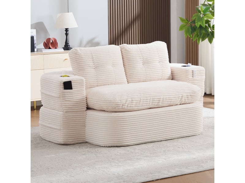  Canapé 2 places en velours côtelé beige avec accoudoirs amovibles et porte-gobelets intégrés  - Conforama B