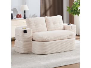 Canapé 2 places en velours côtelé beige avec accoudoirs amovibles et porte-gobelets intégrés