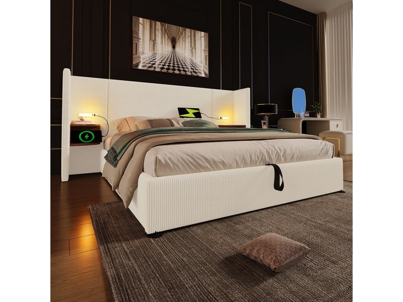  Lit double 180x200 cm corduroy beigeblanc – chevet, lampe lecture, ports usb-c et coffre  - Conforama D