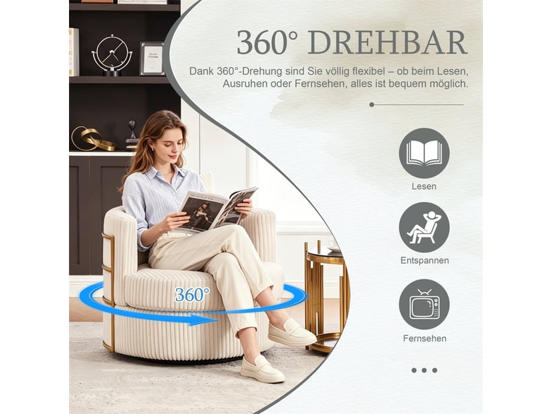  Fauteuil pivotant 360°  76 x 79 x 78 cm – coffre de rangement intégré &amp; coussin inclus –velours côtelé - beige  - Conforama D
