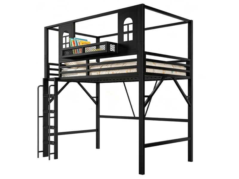  Lit mezzanine enfant 90 x 200 cm en métal, toit cabane avec fenêtres, échelle sécurisée, rangement, noir evarich - Conforama A