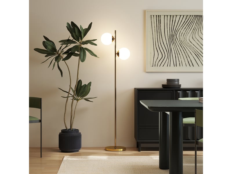 Lampadaire à 2 lampes avec abat-jour sphériques, interrupteur au pied et douille e27, ø 28 x 165 cm, doré  - Conforama C