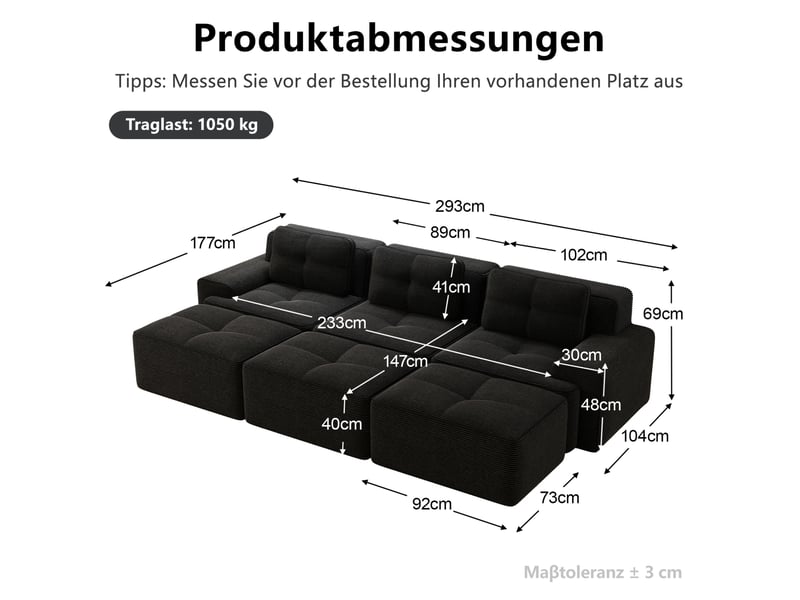 Canapé d'angle modulable 3 places avec fonction couchage et 3 poufs, assise profonde en velours côtelé noir - Conforama C