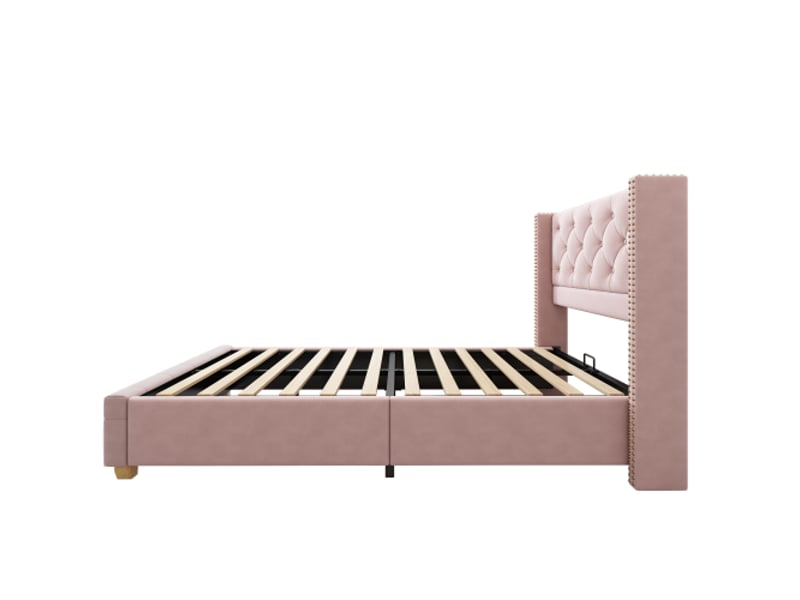  Lit enfant 90x200cm avec sommier à lattes et tête de lit, en velours, sans matelas, rose  - Conforama E