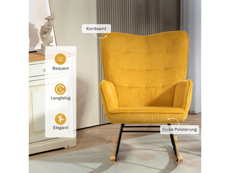  Fauteuil à bascule jaune en tissu bouclé, accoudoirs et patins en bois, relax pour salon et chambre  - Conforama E