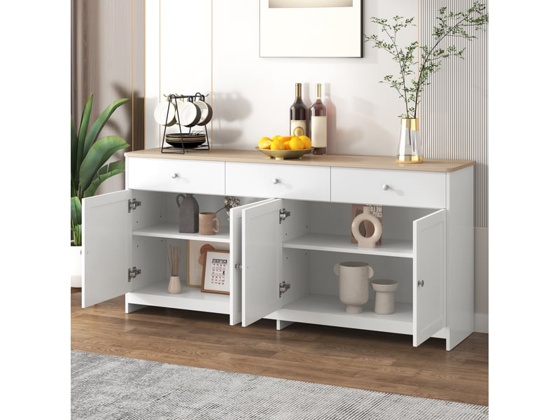 Buffet 160x37x75 cm, 3 tiroirs et 4 portes, rangement réglable, style campagne, pour cuisine, effet bois, mdf blanc - Conforama E