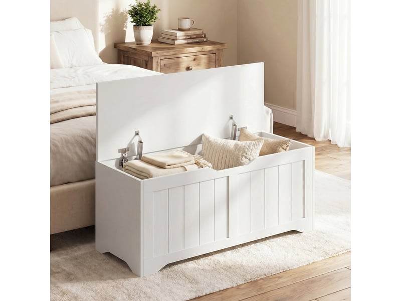  Banc de rangement d'une capacité de 136 litres, doté de 2 charnières de sécurité et sans poignée, 100 x 40 x 45 cm, blanc  - Conforama C