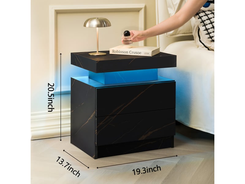  Table de chevet avec 2 tiroirs, niche et led pour chambre en bois d’ingénierie noir et or  - Conforama E