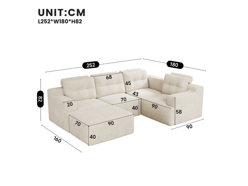  Canapé modulable 5 places en chenille beige, canapé d'angle en mousse sans structure avec pouf pour aménagement de salon et chambre  - Conforama C