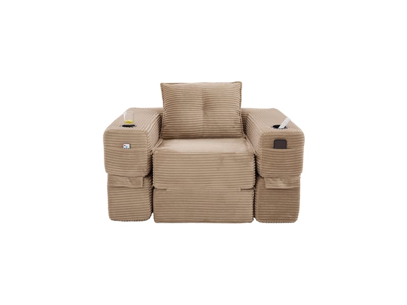 Canapé convertible 1 place avec couchage, poches latérales, porte-gobelets et accoudoirs amovibles en velours côtelé kaki - Conforama A