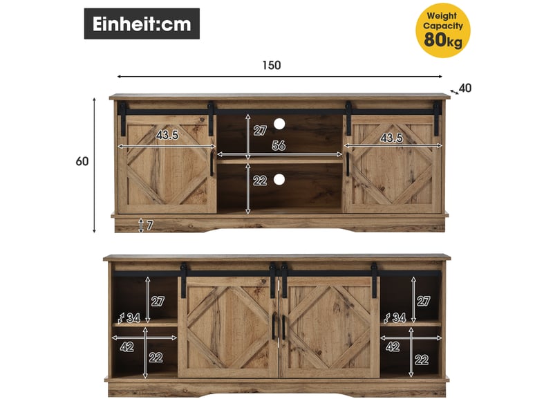Meuble tv marron rustique avec portes coulissantes 150 x 40 x 60 cm - Conforama E