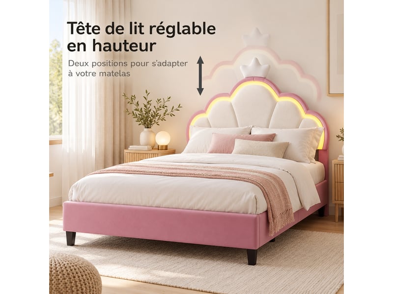  Lit enfant fille 140x200 cm en velours, lit rembourré double avec led, lit princesse avec tête de lit réglable, décoration couronne et sommier à lattes, design rembourré moderne, rose  - Conforama E