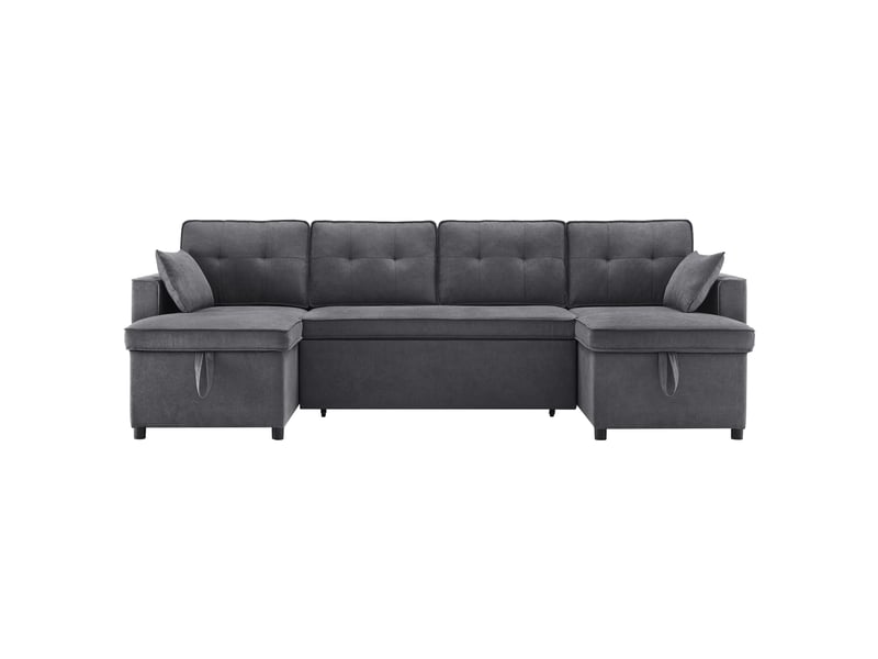  Canapé convertible en u 4 places tissu aspect lin gris avec coffre intégré et porte-gobelets  - Conforama A