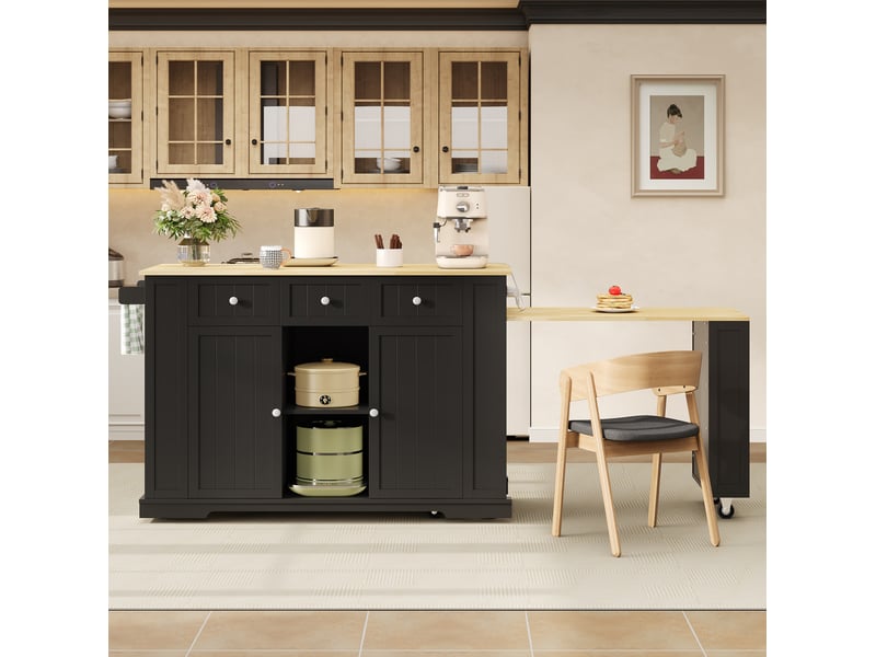 Îlot de cuisine mobile 138 à 213 x 55 x 93 cm avec table extensible, prises et rangements, noir et naturel - Conforama B
