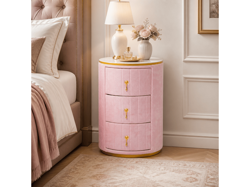  Table de chevet 3 tiroirs ronde en velours rembourré dessus marbre quincaillerie dorée moderne rangement pour chambre salon rose  - Conforama B