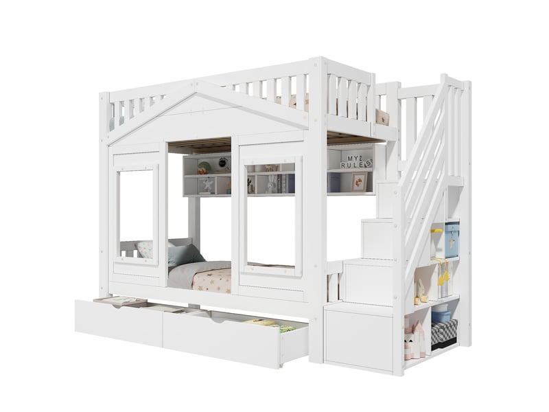 Lit superposé pour enfant modenvie 90 x 200 cm avec escalier de rangement, barrière anti-chute et tiroir, forme de maison, blanc - Conforama A