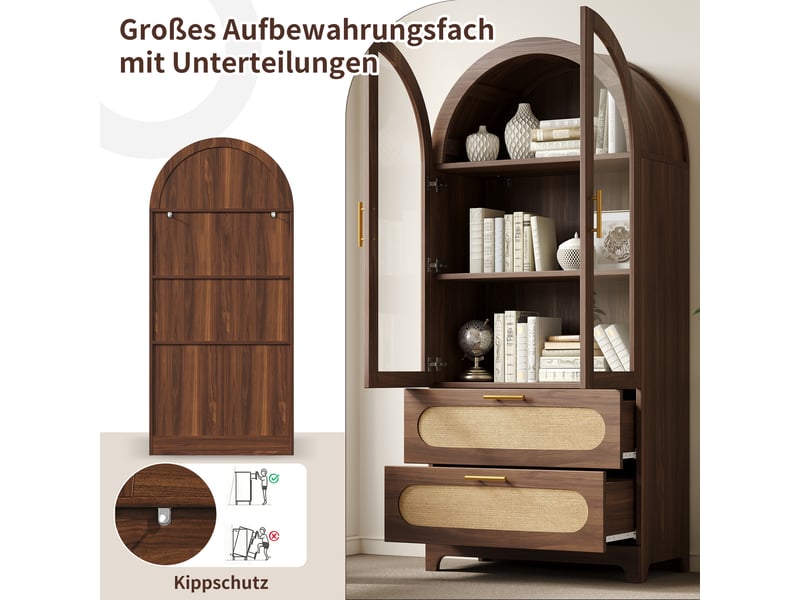  2pcs vitrine arche montmartre-buffet haut portes vitrées rétro-2 tiroirs rotin pe poignées dorées-étagères régl-175x80x40cm-noyer  - Conforama C