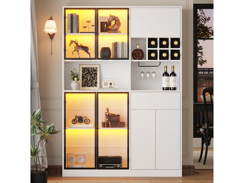  Vitrine 140 x 30 x 200 cm avec led, 7 portes, 1 tiroir, 6 casiers à vin et porte-verres suspendu, grand meuble multifonction pour salon, blanc, pour aménagement intérieur moderne OPULERANE TRADING LTD - Conforama B