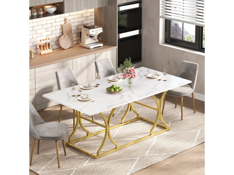 Table de cuisine rectangulaire fixe blanc+doré - 80x200-200max.cm mdf table bicolore - Conforama B