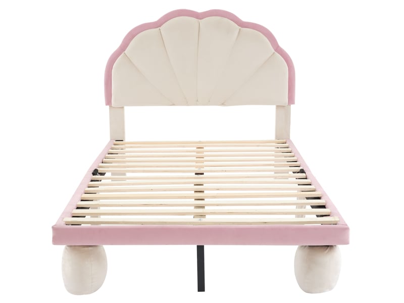  Lit enfant 90x200 cm avec tête de lit ondulée et led, velours blanc et rose  - Conforama D