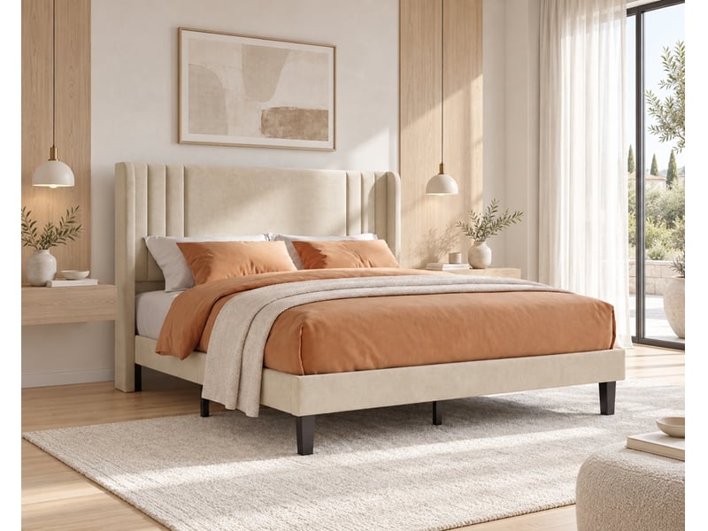  Lit adulte 140x200 cm, lit 2 places avec sommier à lattes, cadre de lit avec tête de lit capitonnée, lit double rembourré, lin beige  - Conforama B