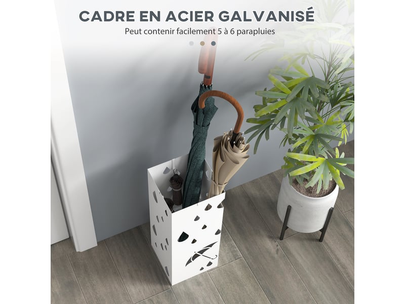  Porte-parapluie support à parapluie carré en acier avec 4 crochets et bac de récupération amovible d'eau blanc  - Conforama A