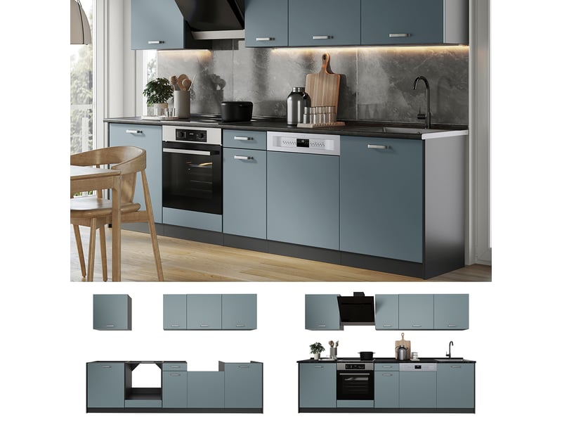  Vicco cuisine, bleu-grisanthracite, 280cm plan de travail chêne doré  - Conforama D
